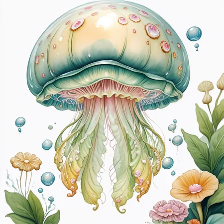Score_9, score_8_up, score_7_up, score_6_up, BREAK <lora:Soft_Verdant_WatercolorPony:1> ArsMJStyle, Soft Verdant Watercolor, The image shows a watercolor painting of a jellyfish with its tentacles and flowers surrounded by leaves and bubbles on a white background., jellyfish, white background, no humans, simple background, mushroom, plant, solo, traditional media, flower, bubble