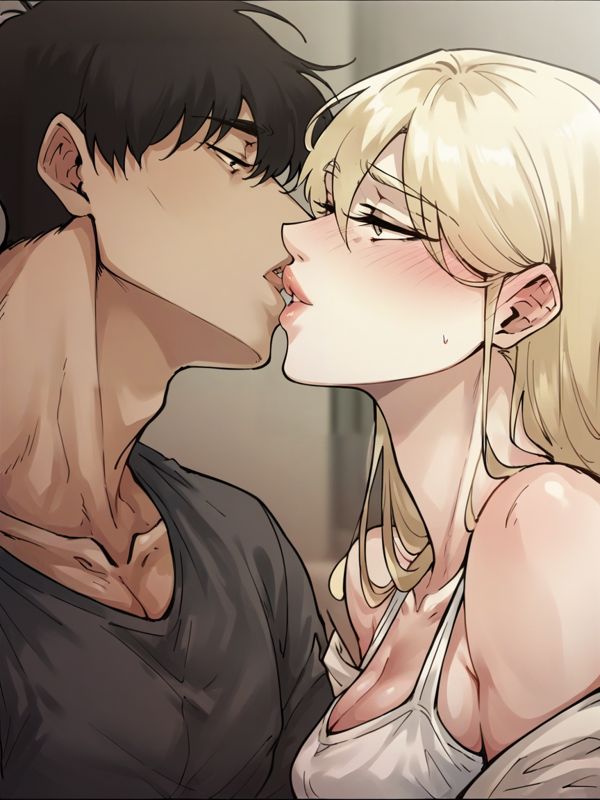 score_9, score_8_up, score_7_up, score_6_up, score_5_up, wthi, 1girl, 1boy, kiss, <lora:wthiXLP2:0.8>