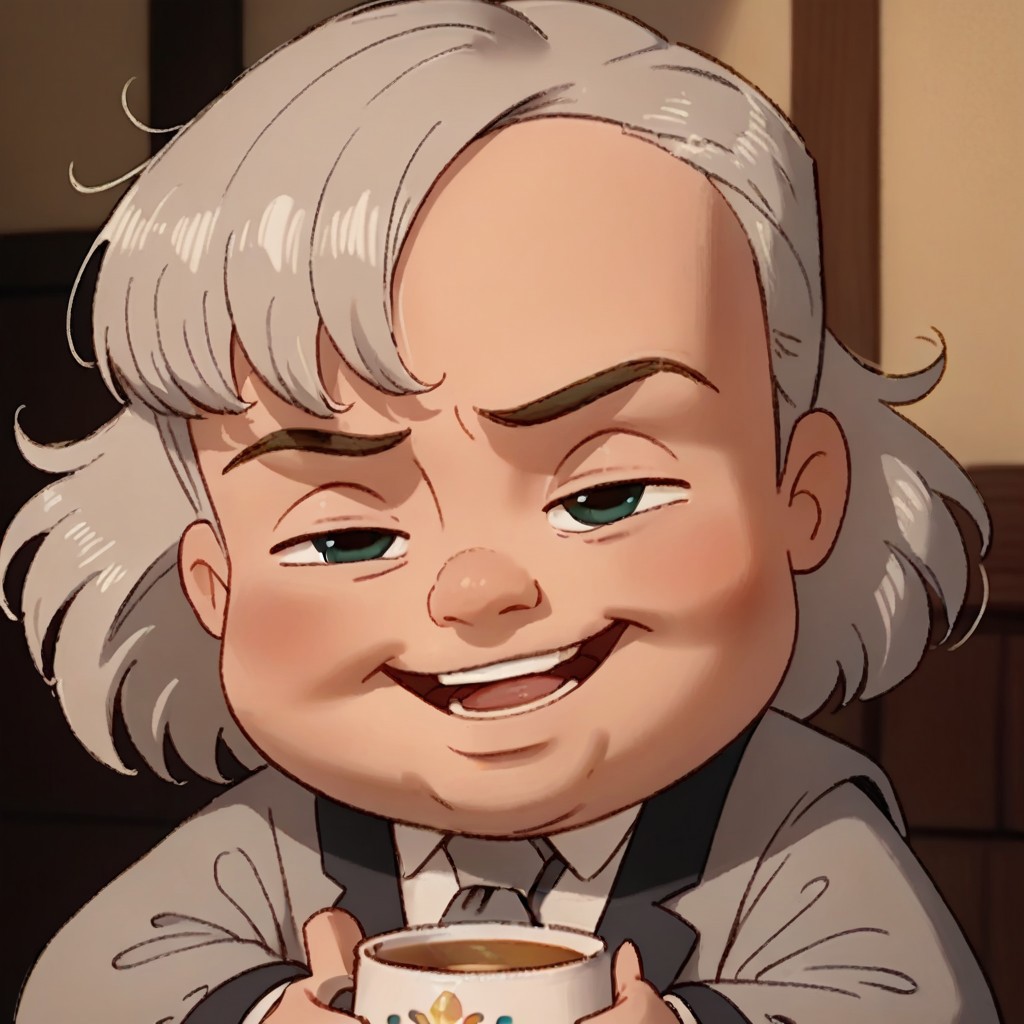 score_9, score_8, score_7, 1boy, solo, chibi, light white hair, wavy bangs hair, light gray eyes, laughing, light gray necktie, formal, light gray suit, light gray jacket uniform, light gray pants, light gray shoes, holding a mug, station, upper body
