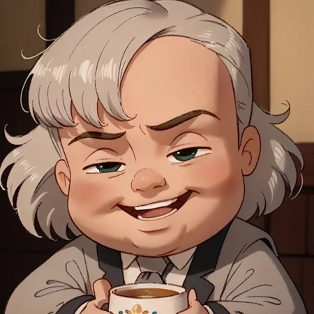 score_9, score_8, score_7, 1boy, solo, chibi, light white hair, wavy bangs hair, light gray eyes, laughing, light gray necktie, formal, light gray suit, light gray jacket uniform, light gray pants, light gray shoes, holding a mug, station, upper body