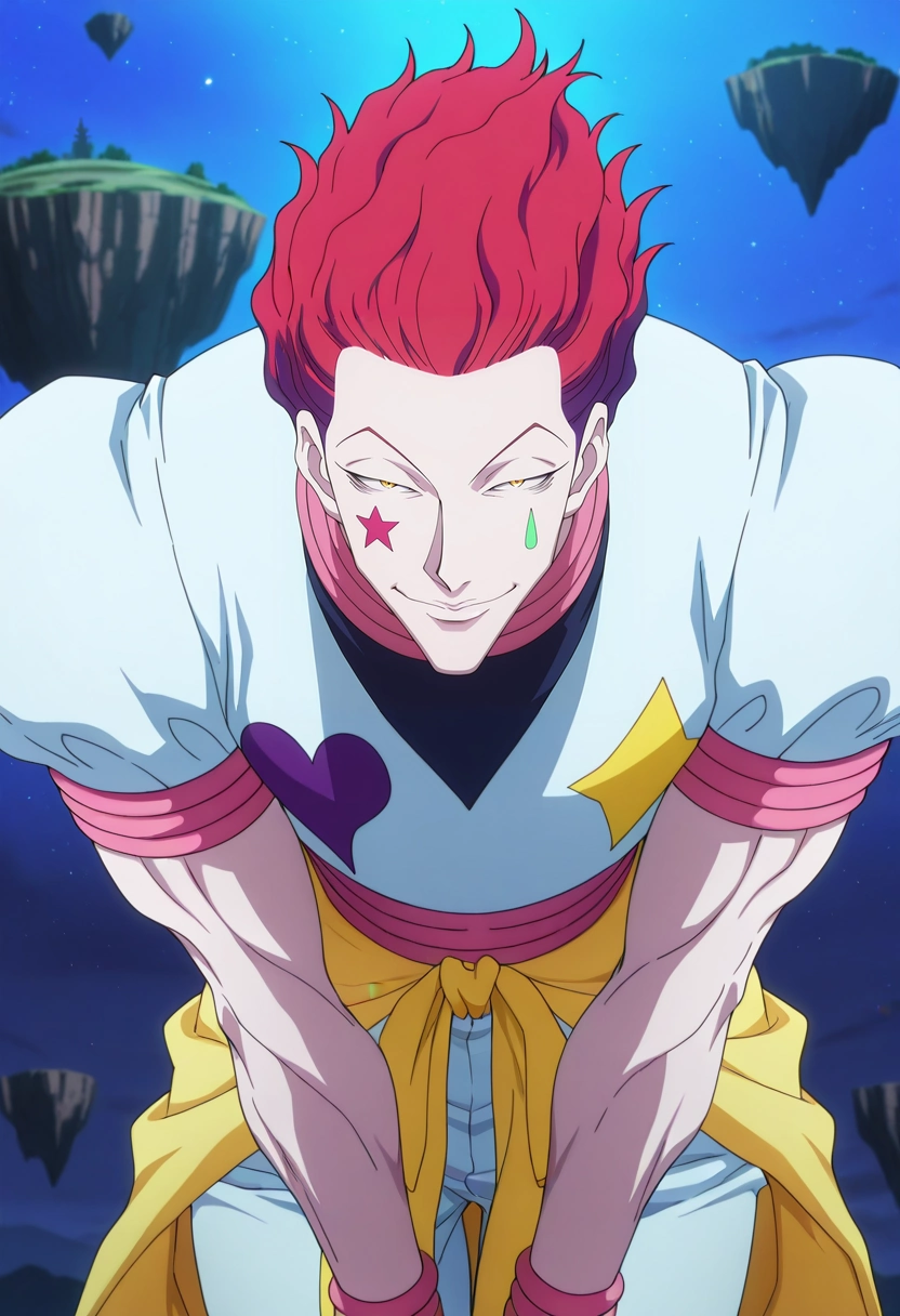 masterpiece, best quality, , anime screencap, anime coloring, official style, looking at viewer, 1boy, solo, male focus, <lora:hisoka_morow_ilxl:0.92>, hisoka_morow, red hair, yellow eyes, facial mark, star \(symbol\), cowboy shot, floating island, light, leaning forward, half-closed eyes, smile,