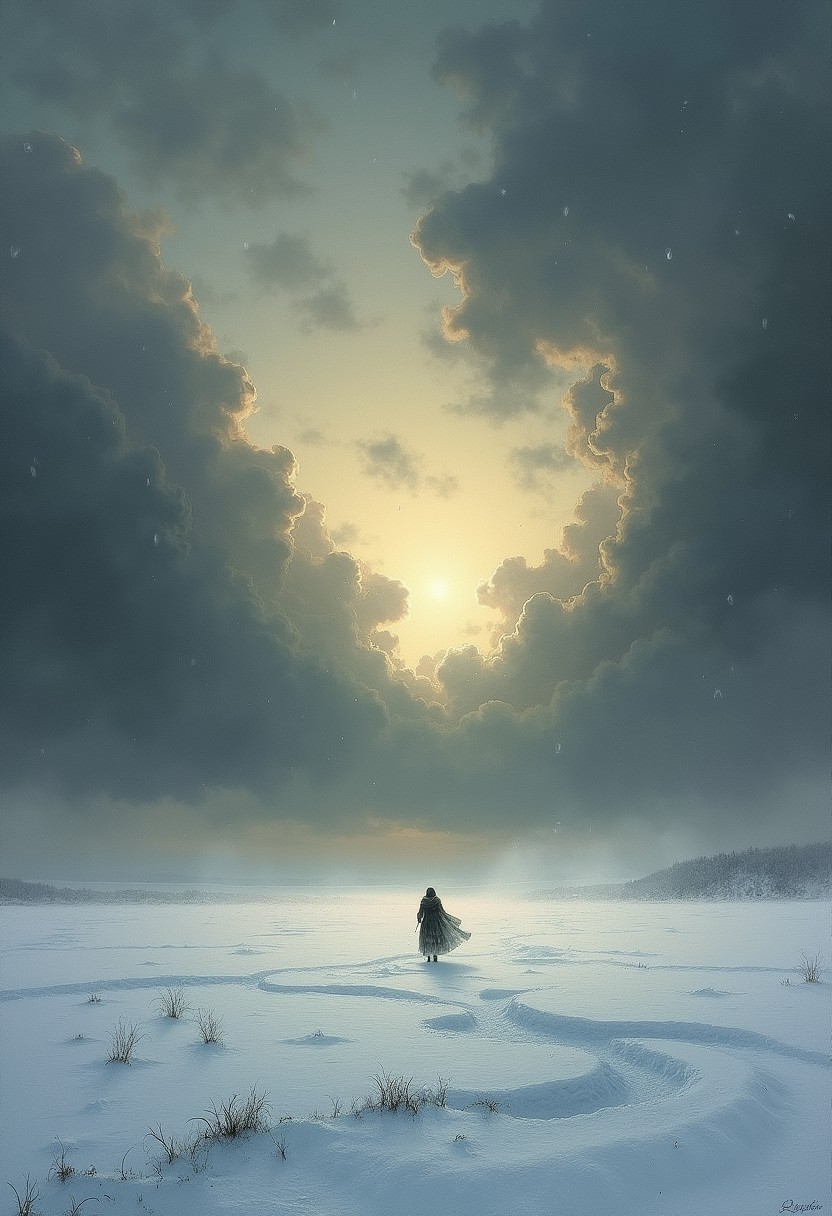 masterpiece,best quality,<lora:tbh388-:0.8>,illustration,style of Laurent Grasso, style of Andreas Achenbach,“Vast, snow-covered plain under a fierce blizzard, swirling snowflakes, (howling wind:1.3), (dark clouds:1.2), sunset, desolate landscape, muted colors, dramatic atmosphere, oil painting, high detail, textured brushstrokes, moody lighting, ethereal quality.”