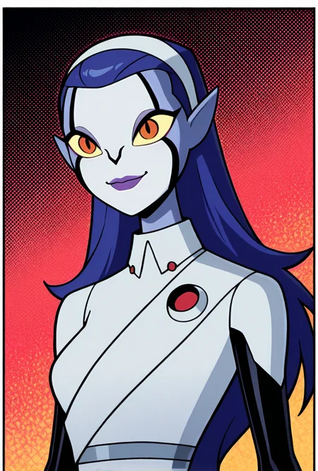 <lora:rookshar-10:1> rookshar, blue hair, colored skin, yellow sclera, long hair, 1girl, purple lips, white hairband, pointy ears, white suit, black sleeves, smile,, masterpiece, best quality, amazing quality, very aesthetic, absurdres, newest,, upper body, halftone effect, white borders, abstract background:1.2,