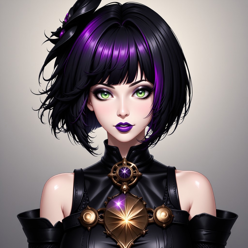 1woman,black hair,bob cut,medium hair,green eyes,purple lips,black dress,goth,DreamArt
