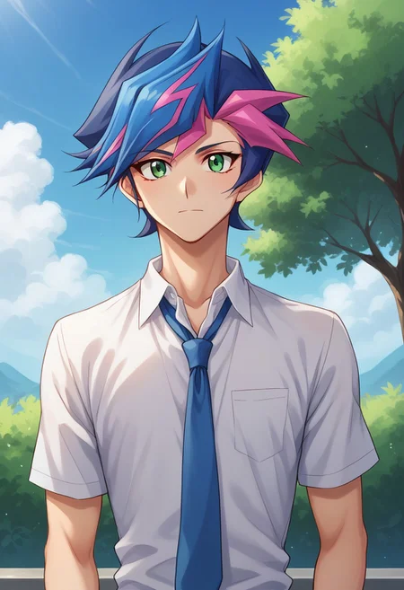 score_9, score_8_up, score_7_up, source_anime, highly detailed, 
yusaku, 1boy, male focus, necktie, solo, green eyes, multicolored hair, blue hair, 
two-tone hair, pink hair, blue necktie, upper body, shirt, white shirt, collared shirt,
outdoor, sky, tree, cloud