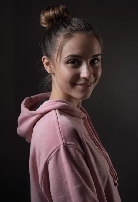 award-winning masterpiece, RAW editorial photo, 1girl, 21 year old woman, looking at viewer, cute smile, pink hoodie, bun hair, high-quality, super-detailed, in the style of dark cinematic fine-art portraits, dramatic lighting, soft shadows, rich textures, moody atmosphere