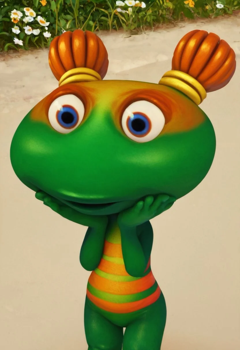 lulu zipadoo, 1girl, furry, anthro, female turtle (frog shaped head), green skin, blue eyes, orange eyelid, orange hair, yellow hair ties, pigtails, wide head, chibi, 3 oranges stripes around belly, plump, little tail, wide hips, short body, short legs, Expressiveh, realistic, 3d, wide eyed, score_8_up, score_7_up, BREAK, 1girl, solo, closeup, frown, hands on cheeks, no shell, bare hands