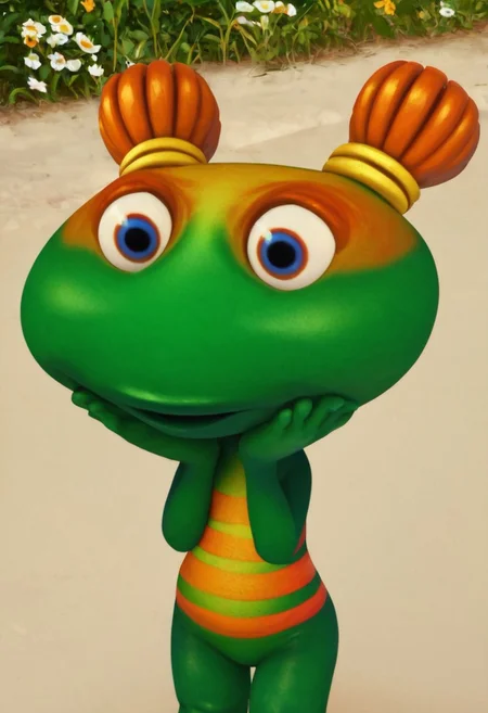 lulu zipadoo, 1girl, furry, anthro, female turtle (frog shaped head), green skin, blue eyes, orange eyelid, orange hair, yellow hair ties, pigtails, wide head, chibi, 3 oranges stripes around belly, plump, little tail, wide hips, short body, short legs, Expressiveh, realistic, 3d, wide eyed, score_8_up, score_7_up, BREAK, 1girl, solo, closeup, frown, hands on cheeks, no shell, bare hands
