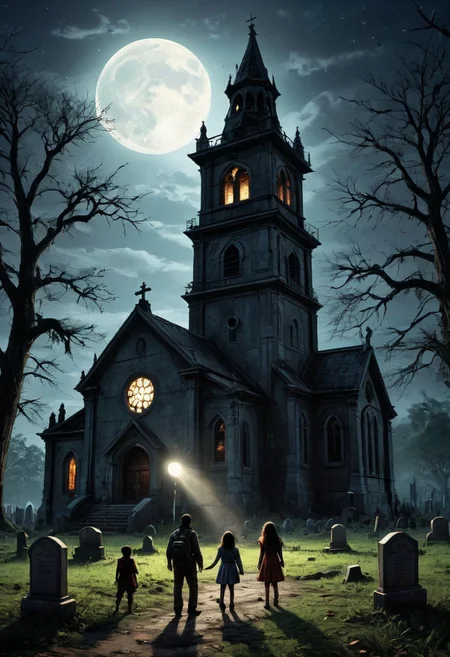 masterpiece, best quality,
digital artwork of creepy old church, 3 kids in Halloween costumes holding flash lights,
japanesehorrorclassics, 
horror scene,
full moon, night, cosmic rays, haunted place, abandoned old church, graveyard, giant bell tower, wide shot, old trees, forest background, tombstones, scary, paranoia, feeling like someone is watching you, ruined, dirty, cemetery, fear, dread, 
(low angle:1.3), focus on old tower,
cinematic, horror, creepy atmosphere, intricate, detailed, rays of light,