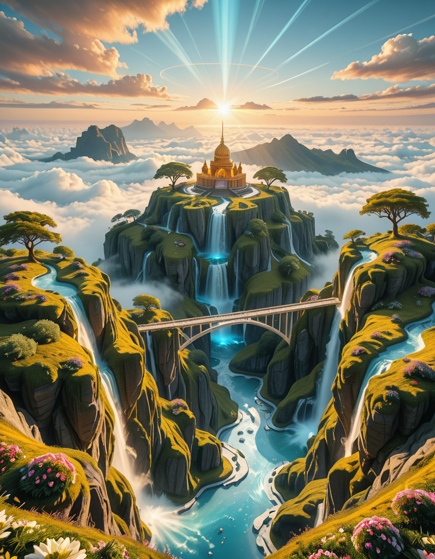 A mesmerizing celestial background featuring an otherworldly paradise. Towering crystalline mountains with peaks that glow softly under a sky painted in shifting hues of iridescent blues, pinks, and golds. Rivers of liquid light flow through vast, open meadows filled with luminescent flowers that pulse with a gentle glow. Gigantic, translucent trees with silver leaves sway in a breeze that carries floating particles of golden dust. Suspended bridges made of shimmering energy connect ancient, floating monoliths engraved with intricate celestial patterns. In the distance, an enormous radiant waterfall cascades into a bottomless, mist-covered abyss, reflecting the surrounding ethereal glow. A tranquil atmosphere, untouched and divine, filled with an overwhelming sense of wonder and serenity.
<lora:SDXLFaeTastic2400:0.4> <lora:extremely_detailed:0.4> extremely detailed,heavenly l4ndsc4p3, <lora:heavenly_l4ndsc4p3-i:1>, Masterpiece,best quality,hi res,8k,hi res,8k,award winning,(sharp focus, intricate, highly detailed),
