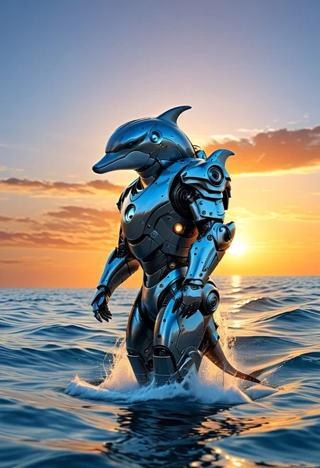 high quality, high resolution, extremely detailed, no humans, animal focus, dolphin dressed as a iron robot, open sea, sunset
