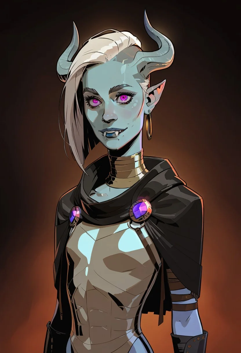 score_9, score_8_up, score_7_up, score_6_up, 1girl, gorgeous girl, beautiful eyes,
,smile, tiefling, short horns, slender body, blue skin, flat chest, leather cloak, leather armor, leather straps, metal bracer, blue lips, white hair, asymmetrical bob, undercut fade, purple eyes, fangs
