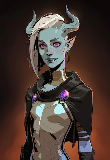 score_9, score_8_up, score_7_up, score_6_up, 1girl, gorgeous girl, beautiful eyes,
,smile, tiefling, short horns, slender body, blue skin, flat chest, leather cloak, leather armor, leather straps, metal bracer, blue lips, white hair, asymmetrical bob, undercut fade, purple eyes, fangs