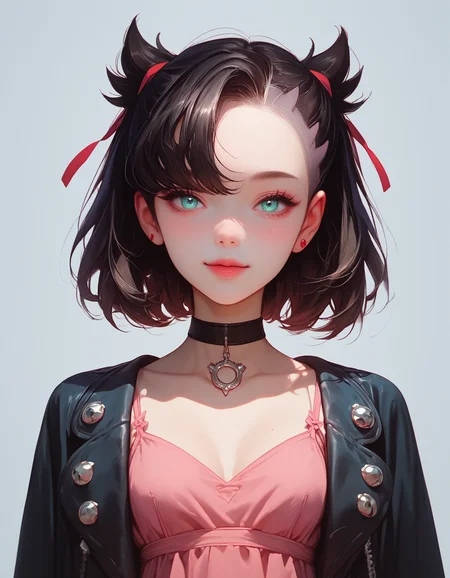 zPDXLxxx, Expressiveh,
Marnie_(Pokemon), aqua eyes, black choker, red ribbon, pink dress, jewelry, black jacket, open clothes, long sleeves, black hair,
small breasts, natural sagging breasts,
score_9, score_8_up, score_7_up,score_6_up,
highres, high quality, perfection, masterpiece, detailed, source_anime, simple white background, 1girl, solo, front view portrait, face focus, intricate features, beautiful, girl, young adult, youthful, petite body, detailed face, beautiful face, innocent face, eyelashes, perfect eyes, detailed eyes, medium breasts, clothed, standing, smiling, looking at viewer,