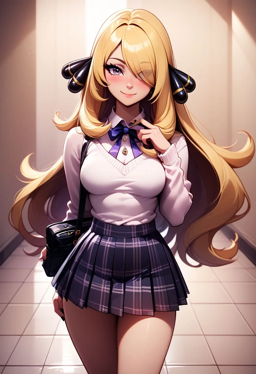 score_9, score_8_up, score_8, medium breasts, (curvy), cute, eyelashes,
BREAK,
zzCynthia, solo, 1girl, blonde, long hair,
BREAK,
closed mouth, alternate costume, smile, nail polish, looking at viewer, hand up, collared shirt, blush, sweater, black skirt, black nails, eyelashes, long sleeves, sleeves past wrists, plaid skirt, shoulder bag, black bag, blurry, tile floor, pleated skirt, white shirt,
zPDXL,