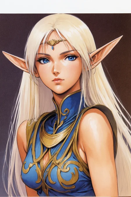 Deedlit,1girl,pointy ears,solo,blonde hair,elf,blue eyes,long hair,breasts,looking at viewer,white background,circlet,upper body,simple background,medium breasts,dress,sleeveless,lips,bangs,blue dress,closed mouth,retro artstyle,traditional media,<lora:Yutaka Izubuchi_XL:0.8>,painting \(medium\),