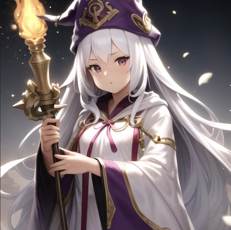 beautiful, masterpiece, best quality, extremely detailed face, perfect lighting, 1girl, solo, <lora:Houtengeki:0.9>, very long hair, white hair, robes, wizard robes, hat, wizard hat, holding, holding weapon, staff, holding staff, fire