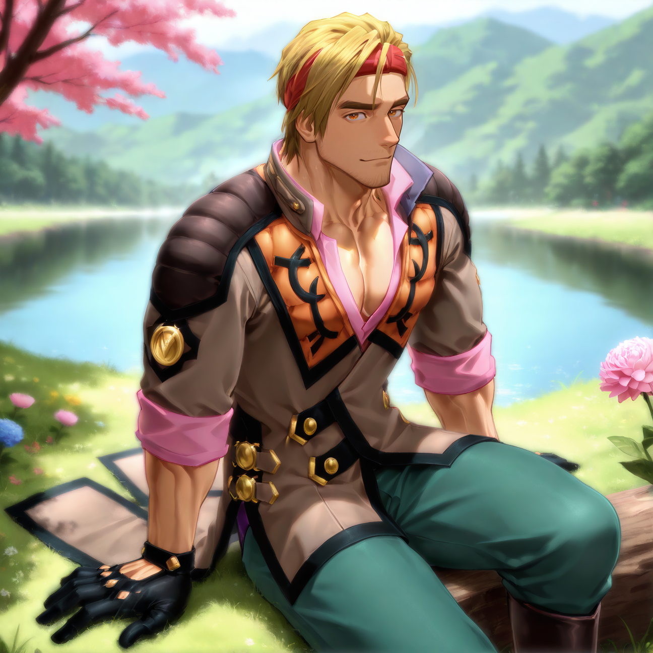 <lora:malikcaesar_ilxl:1>, malik caesars, blonde hair, brown eyes, facial hair, black gloves, brown vest, pink undershirt, sleeves rolled up, green pants, boots
sitting, lake, spring_(season), gras, flowers,
(very short hair, body hair), male focus, muscular male, muscular male, bara, mature, solo,
glossy skin, bara, mature, bara, mature, full clothes, sfw
aixiwuganda_(20222192), artist:niichi \(niichi21\), artist:jezz mons art, artist:my eight, very awa, masterpiece, best quality, absurdres, newest, perfect quality, detailed background, intricate details, <lora:slider_Body Type_alpha1.0_rank4_noxattn_last:2><lora:style_Anime Summer Days 2 Style SDXL_LoRA_Pony Diffusion V6 XL:.6><lora:slider_cfg_scale_boost:.7><lora:face_Artist6p-10:.55>, Artist6p, Artist04p,,<lora:slider_il_brightness_slider_d1:-.5><lora:slider_il_contrast_slider_d1:-1>,