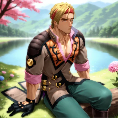 <lora:malikcaesar_ilxl:1>, malik caesars, blonde hair, brown eyes, facial hair, black gloves, brown vest, pink undershirt, sleeves rolled up, green pants, boots
sitting, lake, spring_(season), gras, flowers,
(very short hair, body hair), male focus, muscular male, muscular male, bara, mature, solo,
glossy skin, bara, mature, bara, mature, full clothes, sfw
aixiwuganda_(20222192), artist:niichi \(niichi21\), artist:jezz mons art, artist:my eight, very awa, masterpiece, best quality, absurdres, newest, perfect quality, detailed background, intricate details, <lora:slider_Body Type_alpha1.0_rank4_noxattn_last:2><lora:style_Anime Summer Days 2 Style SDXL_LoRA_Pony Diffusion V6 XL:.6><lora:slider_cfg_scale_boost:.7><lora:face_Artist6p-10:.55>, Artist6p, Artist04p,,<lora:slider_il_brightness_slider_d1:-.5><lora:slider_il_contrast_slider_d1:-1>,