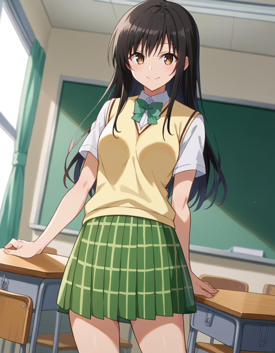 score_9, score_8_up, score_7_up, source_anime,
yuikotegawa, <lora:yui-kotegawa-darkness-ponyxl-lora-nochekaiser:1>,
yui kotegawa, black hair, brown eyes, long hair,
green skirt, plaid, plaid skirt, sainan high school uniform, school uniform, skirt, sweater vest, yellow sweater, short sleeves,
indoors, classroom, smile,
looking at viewer, dutch angle, cowboy shot,