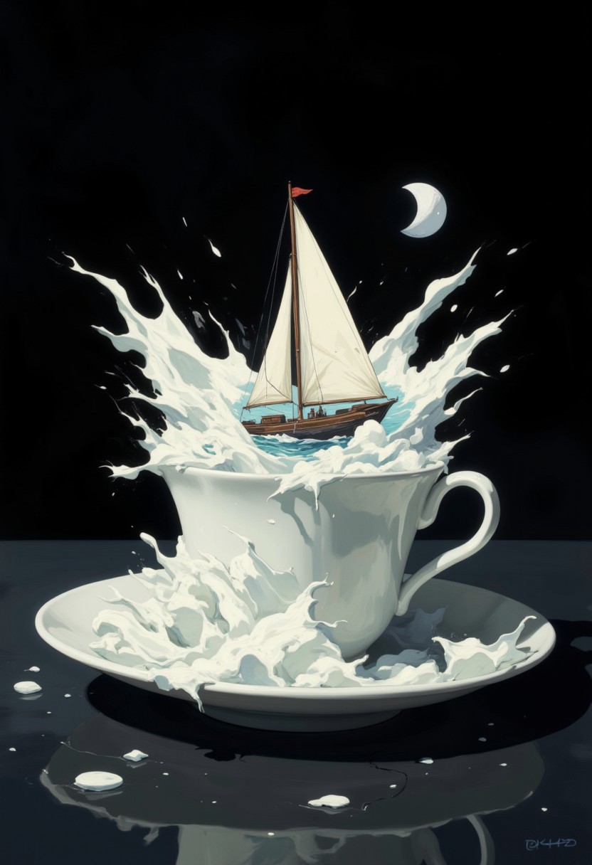 Create a digital artwork depicts a surreal, whimsical scene in which a white teacup and saucer sit on a dark surface. The teacup is filled with swirling white cloud-like waves that create a feeling of movement and fluidity. A small, detailed sailboat with a white sail and a dark hull emerges from the waves, creating an eye-catcher in the composition. The background is a rich black, which increases the contrast and clearly highlights the white elements. The lighting appears artificial, casting soft highlights and soft shadows, emphasizing the textures of the clouds and the smooth surface of the teacup. The image uses a shallow depth of field and a blurred background to keep the focus on the teacup and sailboat. The composition follows the rule of thirds, with the sailboat positioned slightly off-center, creating a balanced yet dynamic visual appeal. The overall style is dreamlike and imaginative, combining realistic elements with fantastical concepts.,highly detailed, aesthetic, great lighting, extremely detailed,   perfect composition, a vibrant tissue of hues and textures captured digitally, best quality, realistic, captivating, intricately detailed, sharp focus, high contrast, stylized, clear, whimsical, fantastic, splash art, intricate detailed, hyperdetailed,    concept art, sharp focus, harmony, DB4RZ, DB4RZ style painting, NeoPigma, in the style of cksc, anime, cyberpunk, a masterpiece, award winning,