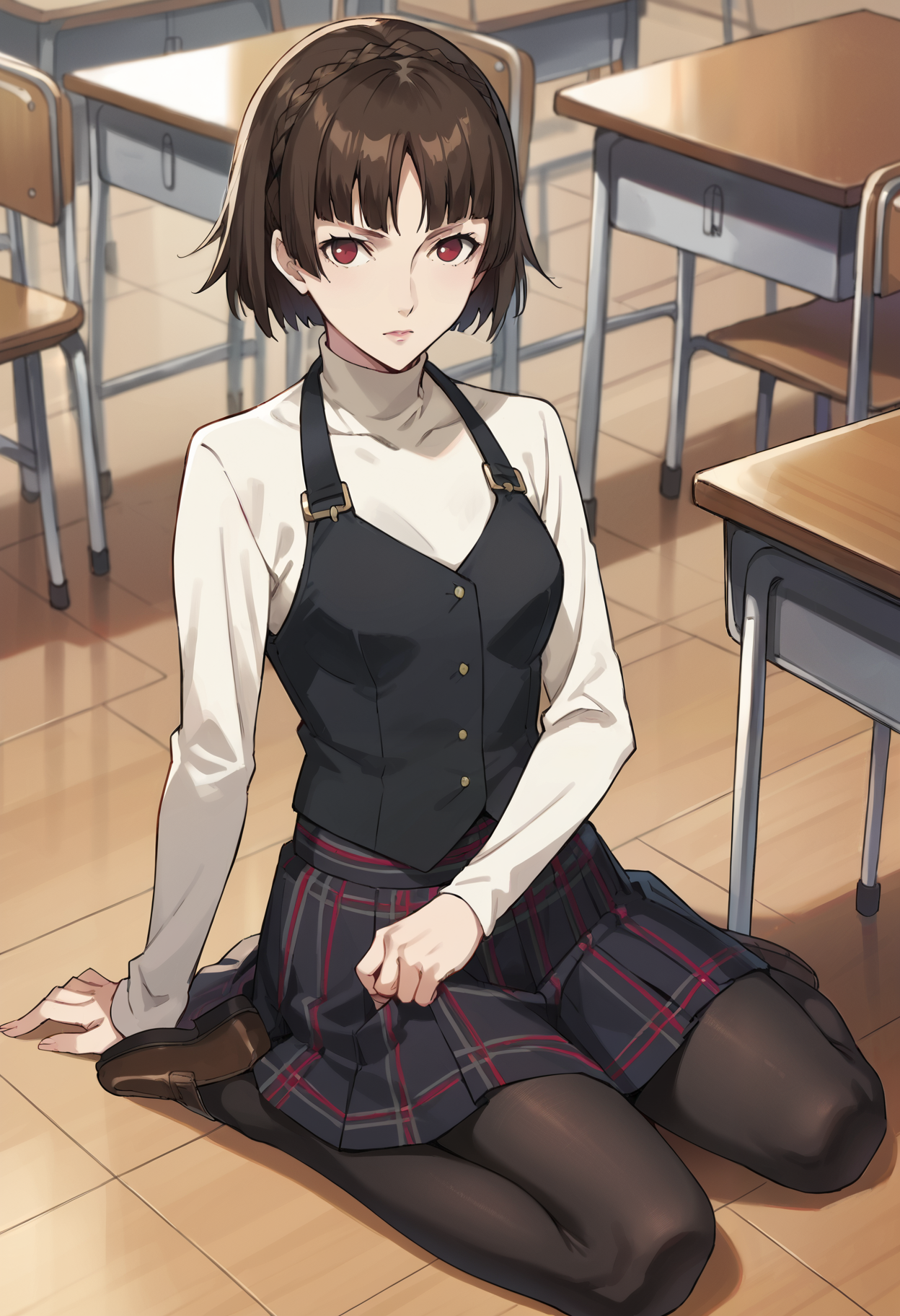 score_9, score_8_up, score_7_up, (source_anime), 1 girl, solo, nsfw, aged up,
defMako, p5makoto, niijima makoto, short hair, bangs, brown hair, long sleeves, school uniform, pantyhose, pleated skirt, turtleneck, plaid skirt, brown footwear, crown braid, shuujin academy school uniform, black vest,
indoor, classroom,
masterpiece, best quality,