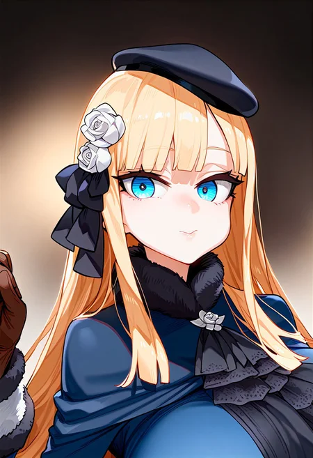 (masterpiece:1.2, best quality), (finely detailed eyes: 1.2) (ultra-detailed, hires), (detailed face, detailed eyes), (best illumination), detailed glow, high contrast, looking at viewer, solo, 1girl, ((solo)), (huge breasts, thin waist, wide hips, thick thighs), peaceful, closed mouth, adult, reines el-melloi archisorte, blonde hair, blue eyes, long hair, bangs, blunt bangs, beret, black headwear, black ribbon, blue dress, brown gloves, dress, flower, fur collar, fur trim, fur-trimmed sleeves, gloves, hair flower, hair ornament, hair ribbon, hat, long sleeves, ribbon, rose, tilted headwear, white flower, white rose, black pantyhose, random pose, no background, dark background, (masterpiece, best quality, very aesthetic, absurdres), (ultra detailed perfect piece:1.2), illustration, masterpiece, (extremely detailed CG 8k), (very fine 8K CG), <lora:add-detail-xl:-1>