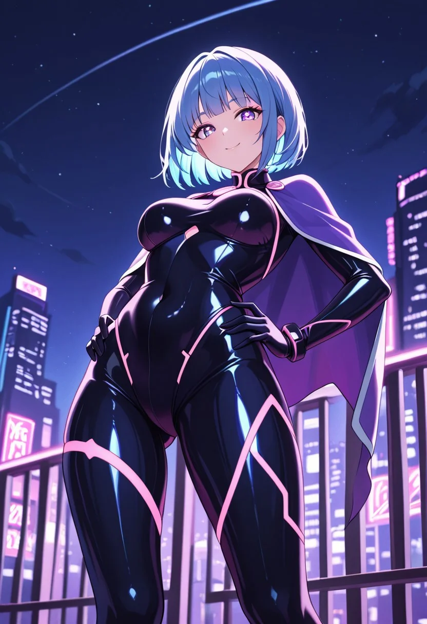 masterpiece, best quality, good quality, very aesthetic, absurdres, newest, 8K, depth of field, in the style of cknc, artist:moriimee, in the style of cksc,
1girl, short blue hair, bob cut, violet eyes, medium breasts, firm, tight spandex suit, cape flowing, glossy skin, standing on rooftop, hands on hips, confident smile, looking at viewer, from below
BREAK
city skyline, neon lights, night sky
BREAK
cool tones, high contrast, reflective surfaces, neon glow, rich details, heroic atmospher