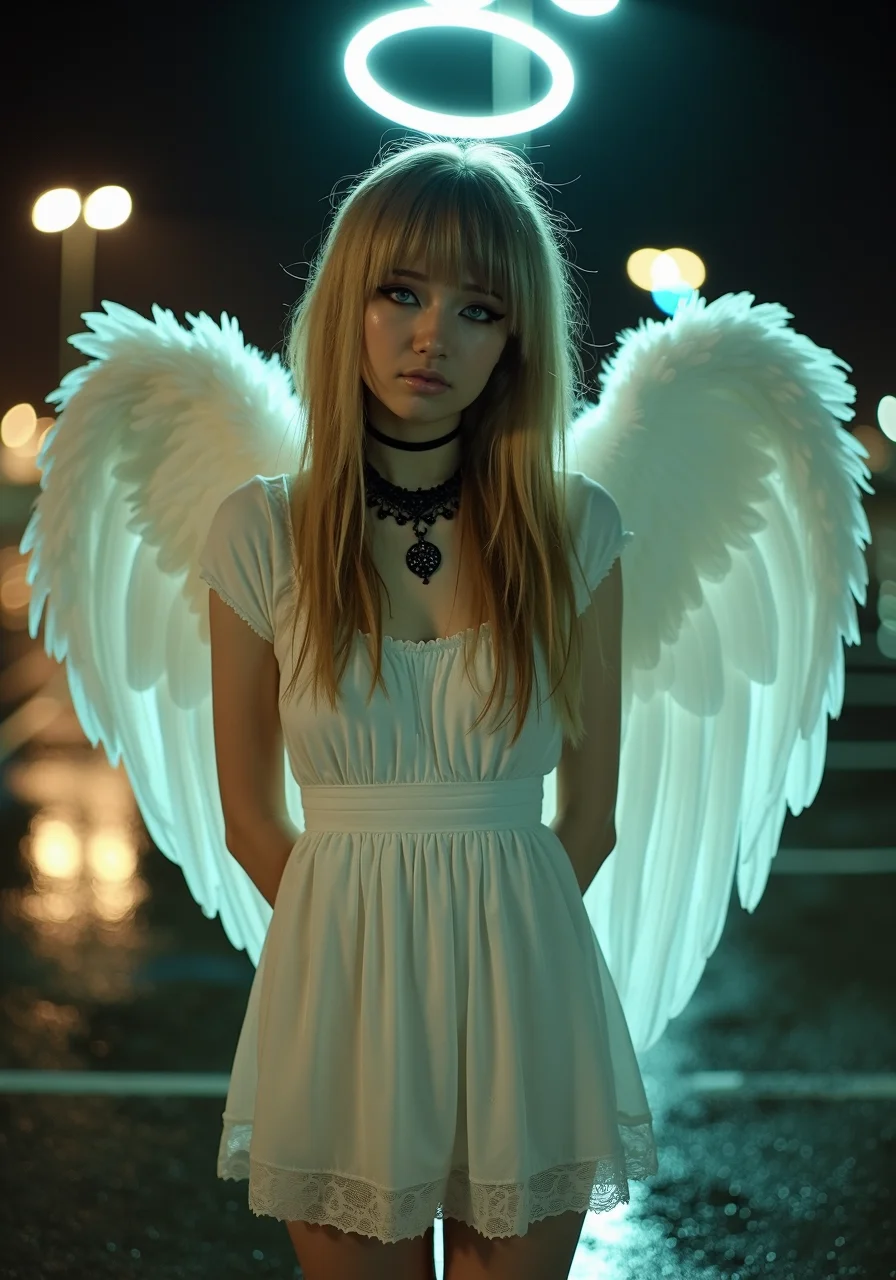 Emo_JBX style, cinematic night portrait of a young woman standing barefoot in a parking lot with a distinct emo hairstyle; her hair is long, light brown with soft blonde highlights, styled with smooth, layered emo bangs that sweep to the side, covering one eyeâshe has side-swept bangs, not blunt or straight across, creating a soft, edgy look; the rest of her hair is sleek and flows smoothly down to her chest in soft layers; she wears a gentle smile with black winged eyeliner that emphasizes her intense green eyes, along with a black lace choker around her neck; dressed in a modest, flowing white dress that enhances her angelic appearance, she strikes a cute, innocent pose with her knees together, toes pointed inward, and arms tucked behind her back; large, feathered angel wings extend from her back, with a faintly glowing halo above her head; the parking lot around her is dimly lit by a few overhead lights casting warm, uneven lighting, with subtle reflections on the wet pavement, creating a surreal, dreamlike contrast between her celestial beauty and the everyday setting, Emo_JBX<lora:Emo_JBX_flux.safetensors:1.0:1.0>