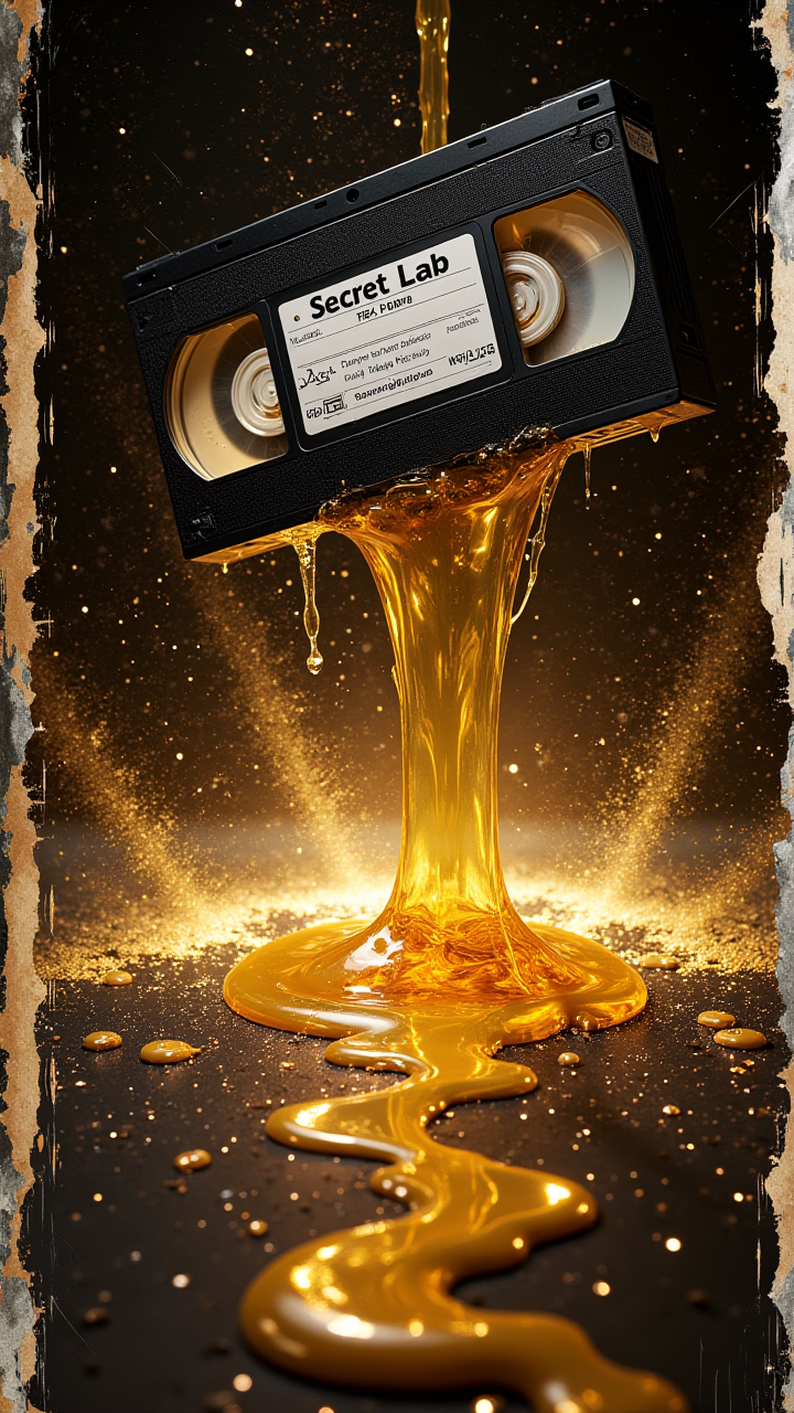 A retro VHS tape melting into a pool of liquid gold, silver frame, with distorted static lines in the background with text: "Secret Lab"