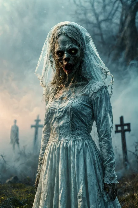 (RAW photo, 8k uhd, Analog style, Masterpiece, Best Quality, Highres:1.4), (dramatic, cinematic:1.2), BREAK,
movie shot of (etherial:1.1) (ghostly:1.1) irish female (ghost:1.1), (banshee spirit:1.3), (glowing:1.25) (transparent:1.0) (skinny:1.3) (ghostly body:1.1), (small breasts:0.8), (white:1.1) (bride:1.2) (long:1.2) (torn flying dress:1.45) made of magic (foggy vortex swirl:1.45), (torn veil:1.15), (flying:1.3) (white:1.1) (very long hair:1.2), (wide open eyes:1.1), (cute face:1.1), (pale rotting:1.1) (translucent:1.2) skin, (angry:1.25), (looking at viewer:1.2), (frontal:1.2), BREAK,
going, (flying, levitation:0.5), (reaching out:1.5), (vampire fangs:1.3), (claws:1.1), (veins:1.2), (wind:1.3), (oak tree:1.32), detailed (abandoned:1.2) medieval peasant (village:1.42) (ruins:1.2), (church:1.31), (overgrown:1.2) (cemetry:1.31), (hill:1.3), (light particles:1.1), (glowing sparks:1.1), (green magic:1.05) (smoky steamy swirl:1.5) (made of fog:1.15), (sunset:1.32), (white air:1.2), dynamic pose, action scene, cloudy twilight night sky, soft lighting, BREAK,
(photorealistic:1.2), (intricate:1.4), (light theme:1.4), (mysterious, fabulous, fantasy, mystical:1.3), (thriller, creepy, eerie, spooky:1.3), (gothic:1.4), (medieval:1.3), (crosses:1.05), threatening, (bloody:1.2), monster, dashing, (hyperdetailed, absurdres:1.2), (dutch angle:1.1), BREAK,
<lora:more_details:1.1>,
<lora:emotion_angry_slider_v1:1.55>,
<lora:zoom_slider_v1:3.7>,