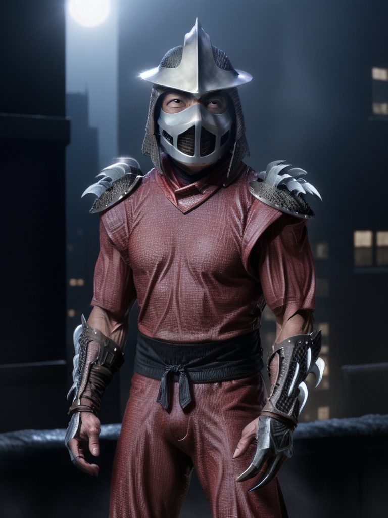 TMNTShredder 1man armored samurai knight with claw gauntlets, wearing a red-purple outfit with pauldrons and metal samurai helmet with mask and armored boots, standing on a city rooftop at night, skyscrapers and rooftops and city lights and night sky in the background, photorealistic, cinematic, full body shot, muscular, fitness physique, <lora:90s_TMNT_Shredder_SDXL:1>