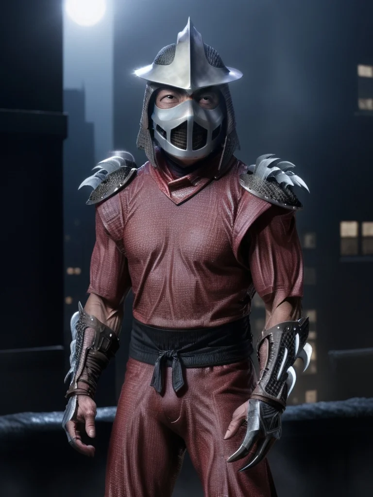 TMNTShredder 1man armored samurai knight with claw gauntlets, wearing a red-purple outfit with pauldrons and metal samurai helmet with mask and armored boots, standing on a city rooftop at night, skyscrapers and rooftops and city lights and night sky in the background, photorealistic, cinematic, full body shot, muscular, fitness physique, <lora:90s_TMNT_Shredder_SDXL:1>