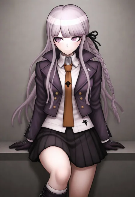 masterpiece, best quality, amazing quality,,, shiny skin,,,,,,,,Kyoko Kirigiri DR1, Kyoko Kirigiri, masterpiece, best quality, purple eyes, and a pale complexion, long lavender hair down with a single braid on her left side, tied with a black ribbon, dark purple collared jacket with six brown buttons over a zipped up long-sleeved white blouse and brown tie with a bird-like symbol on it, black short skirt, heeled knee-high purple boots with equally knee-high light purple socks, custom-made black studded gloves