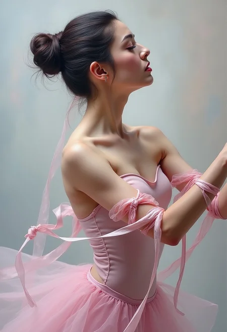“Ethereal Ballerina in Luminous Layers": A mesmerizing close-up abstract painting captures the spirit of a 19-year-old Russian ballerina, exhibiting grace and passion. She is portrayed mid-performance, positioned in a dance studio, with her pale complexion, dark hair in a sleek bun, and flowing attire. Dance ribbons are wrapped around her wrists and hands. The artwork skilfully blends modern abstraction and portraiture, creating a stunning mix of soft colors such as pinks, silvers and whites. Her intense, black eyes, the painting's central point, portray an aura of focus and strength. After a long rehearsal, the dancer conveys both dedication and poise. The layered composition and subtle hues invite you to discover the hidden emotions within this striking painting, vibrant