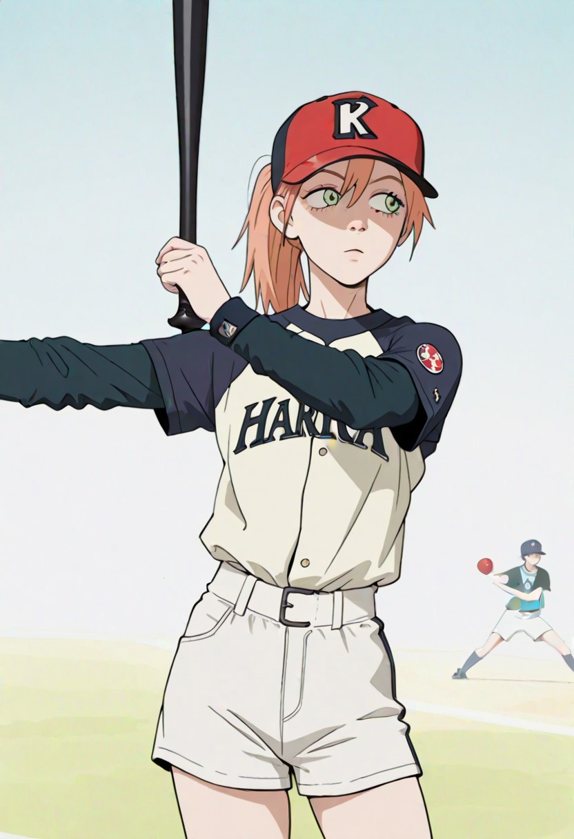 (1girl:1.2), (general:1.3), (masterpiece:1.2), newest, <lora:IchiroBattingStance_ill_v01:1>, haruko, ponytail, baseball cap, raglan sleeves, short over long sleeves, white shorts (holding, holding baseball bat, baseball bat:1.2), outstretched arm, (hand on own shoulder:0.7),