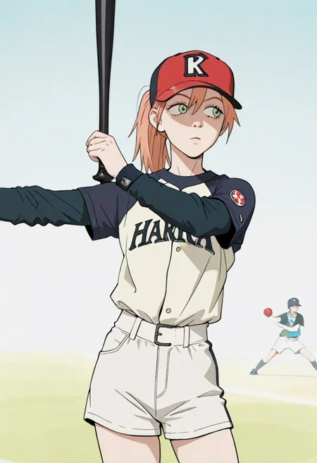 (1girl:1.2), (general:1.3), (masterpiece:1.2), newest, <lora:IchiroBattingStance_ill_v01:1>, haruko, ponytail, baseball cap, raglan sleeves, short over long sleeves, white shorts (holding, holding baseball bat, baseball bat:1.2), outstretched arm, (hand on own shoulder:0.7),
