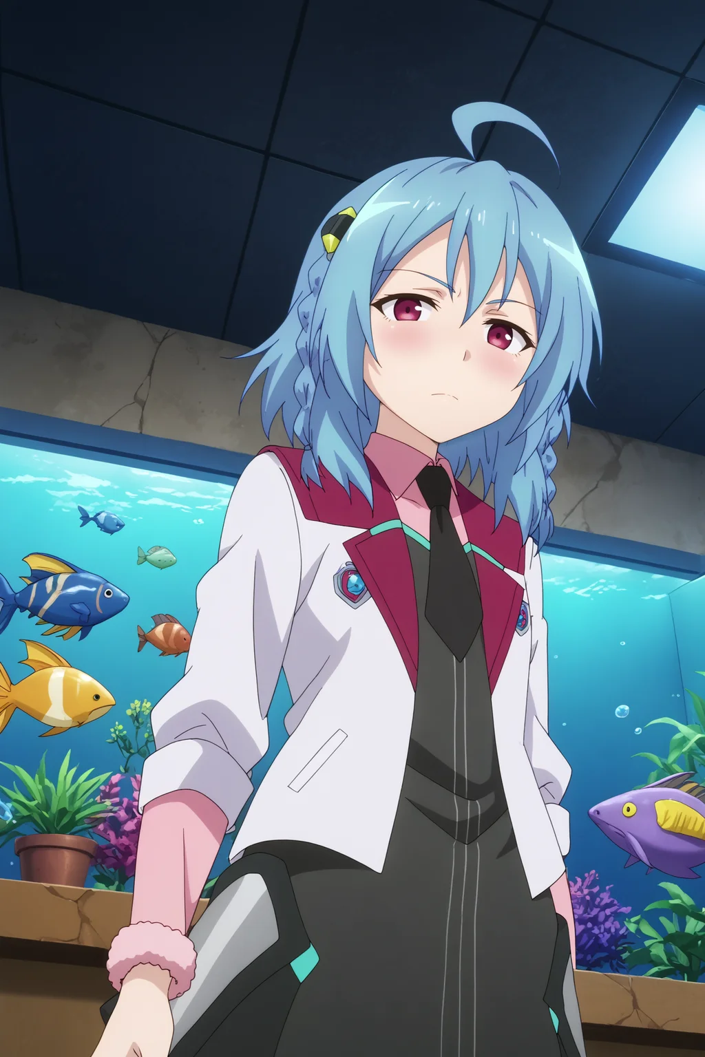 saya sasamiya,1girl,solo,school uniform,long hair,braid,ahoge,necktie,shirt,black necktie,twin_braids,hair ornament,jacket,looking at viewer,closed mouth,emotionless,handgun,from_below,from bottom BREAK indoors,aquarium,ruanyi1155,aquarium <lora:Saya_Sasamiya_-__Gakusen_Toshi_Asterisk.safetensors:0.8> <lora:detailed_backgrounds_v2.safetensors:0.5> <lora:1155 aquarium_v1_pony.safetensors:0.7>