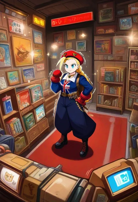 score_9,score_8_up,score_7_up,score_6_up,score_5_up,1girl, score_4_up,source_streetfighter,source_anime,source_game, (cammy_white),street_fighter,blonde_hair,blue_eyes,glowing eyes,cammy white,yrnwrld,tall woman,british flag print,ahoge, short hair,(slit pupils),(bandaged arm),(pale skin),curvy,frown, smile,big eyes,clenching fists,(tongue),wide hips,thick thighs, thick legs,narrow waist,(tattoos:1.4),(tattoo),hairclip,(earrings), red gloves,red beret,hair_ornament,red beret,long braid,cute, (dark blue pants),flag print shirt,blue jacket,long sleeves,gold necklace,backpack,bag,brown belt,gun case,holding cassette, long shirt,red rug,museum,glimmer,artistic paintings,big plant pot,(tiles:1.4),lamps on the wall,wooden wall,exit sign,posters, (sparkles:1.4),neon lights,brochures,(wooden showcase),(hand sign),shiny skin,dynamic pose,indoors,(motion lines:1.4),(thick outlines:1.4),(trembling lines:1.4),sweat,jewelry,steam,(steamy breath),(spoken kitty cat),(bullet belt),((weapons)),(television), masterpiece,best_quality,newest,absurdres,best shadow,light particles,highly detailed background,amazing quality,highly detailed_skin,very_detailed_clothes,power_lines,speed lines, emphasis_lines,very_aesthetic,dynamic_angle,high quality,4k, best shadow,<lora:add-detail-xl:1.5>