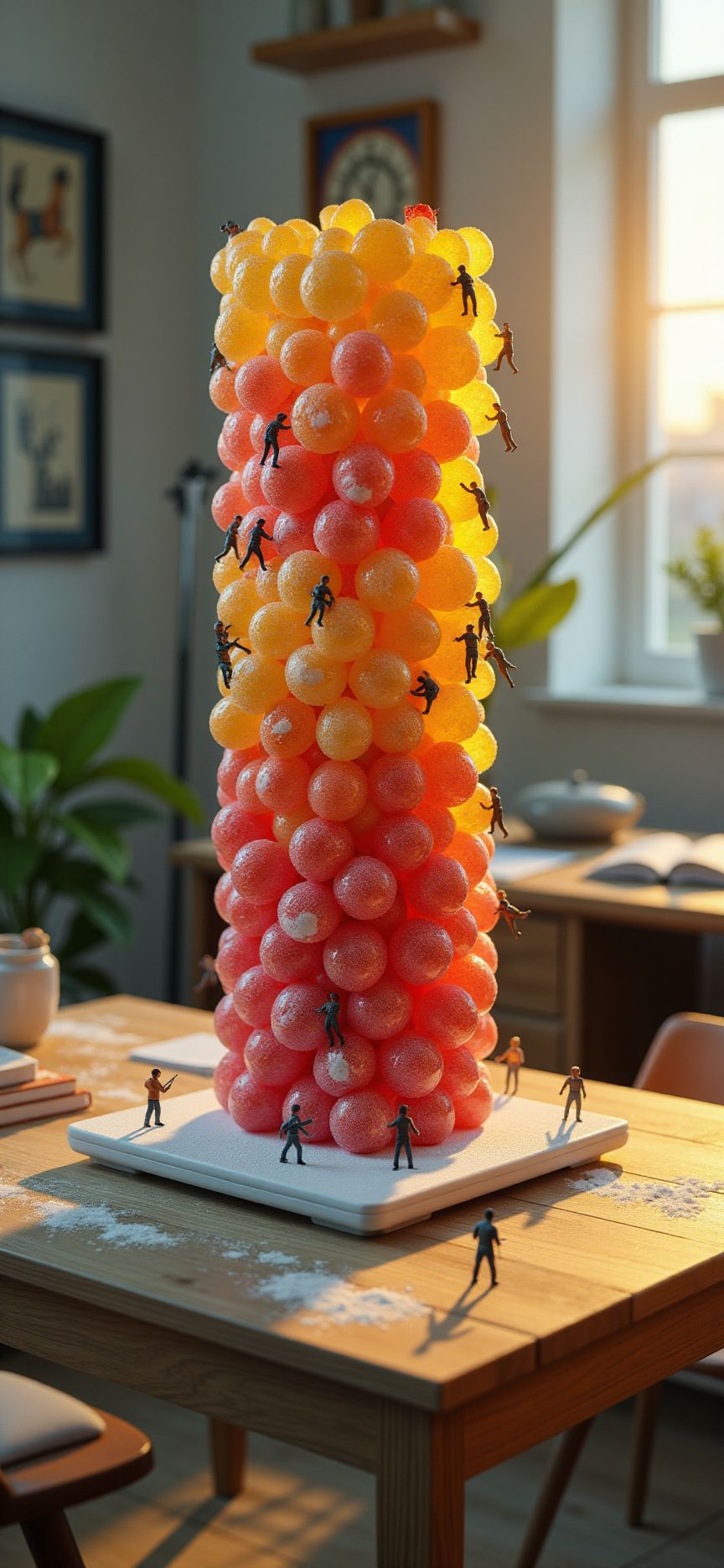 (indoors,indoor,isometric view,side view,tilt-shift lens:2), (fna_style,miniature,miniature,diorama,miniature,diorama,PVC,plastic:2),sunset,winter giant (randomly multi stack up,multi layer of lollipop cubic vertical:2.5)  is located center, people are climbing with ropes, (in wooden square plate:3) (on table at study:3) <lora:Fantasy_Novel_Art_Style:1> <lora:Rostpunk:0.3>