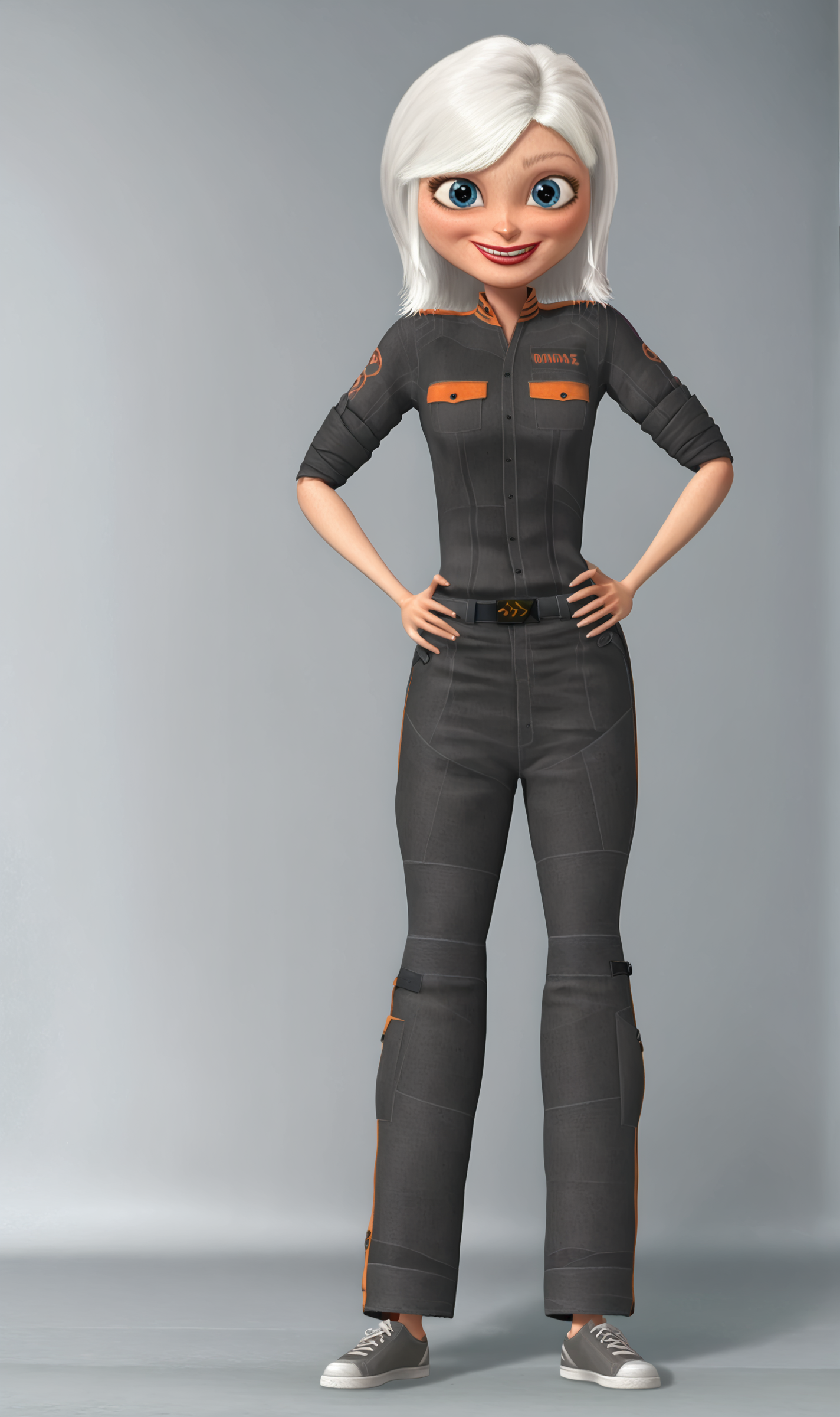 SMG, 1girl, solo, white hair, short hair, blue eyes, jumpsuit, sleeves rolled up, belt, shoes, full body, hands on hips, simple background, grey background, looking at viewer, smile, <lora:Susan Murphy Ginormica Pony XL:1>