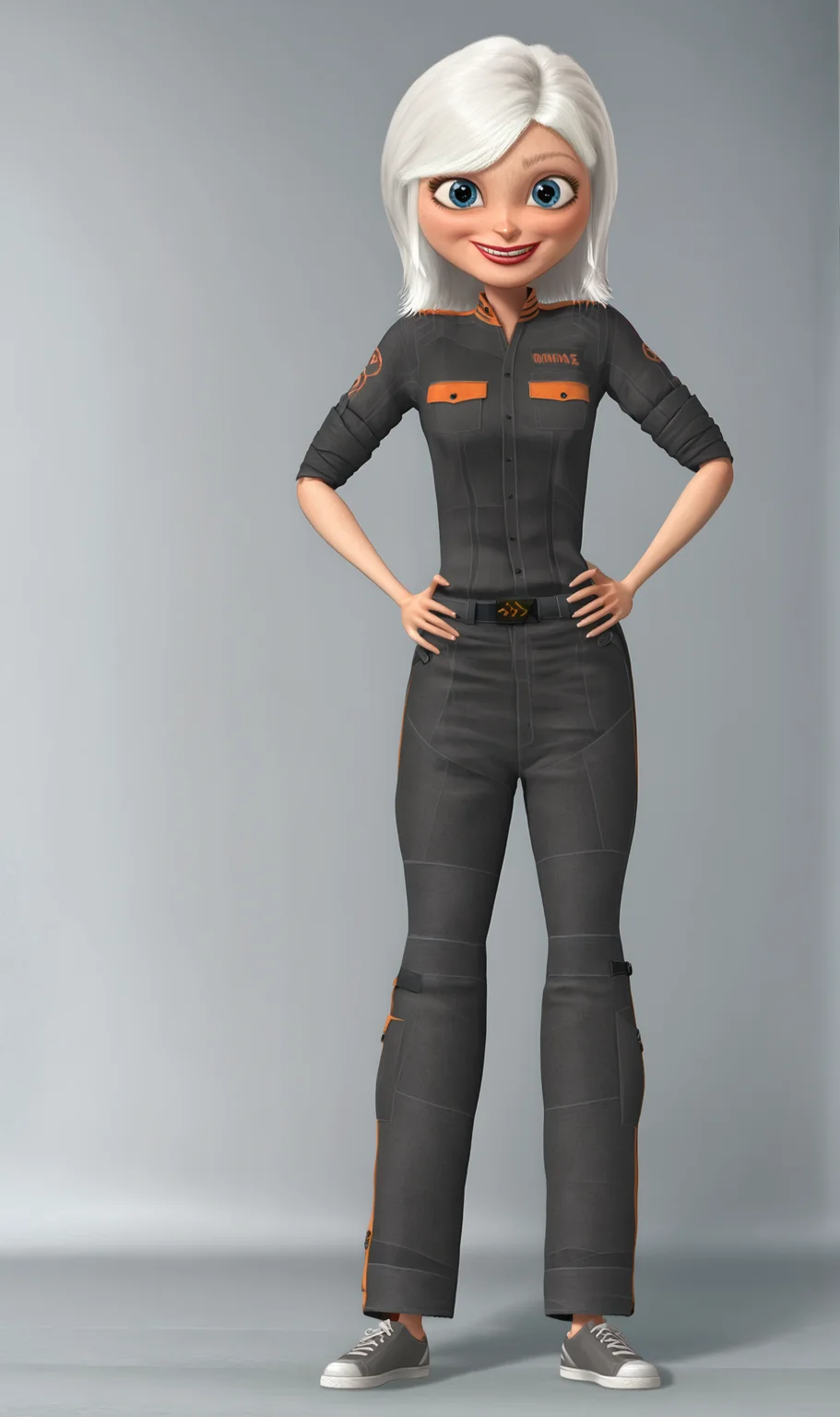 SMG, 1girl, solo, white hair, short hair, blue eyes, jumpsuit, sleeves rolled up, belt, shoes, full body, hands on hips, simple background, grey background, looking at viewer, smile, <lora:Susan Murphy Ginormica Pony XL:1>