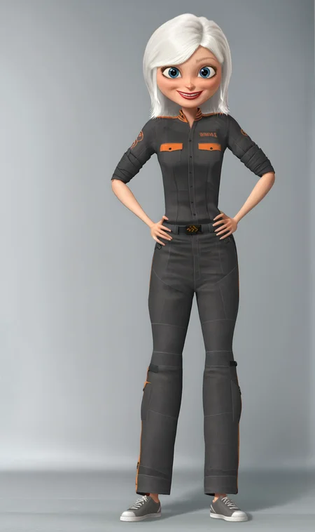 SMG, 1girl, solo, white hair, short hair, blue eyes, jumpsuit, sleeves rolled up, belt, shoes, full body, hands on hips, simple background, grey background, looking at viewer, smile, <lora:Susan Murphy Ginormica Pony XL:1>