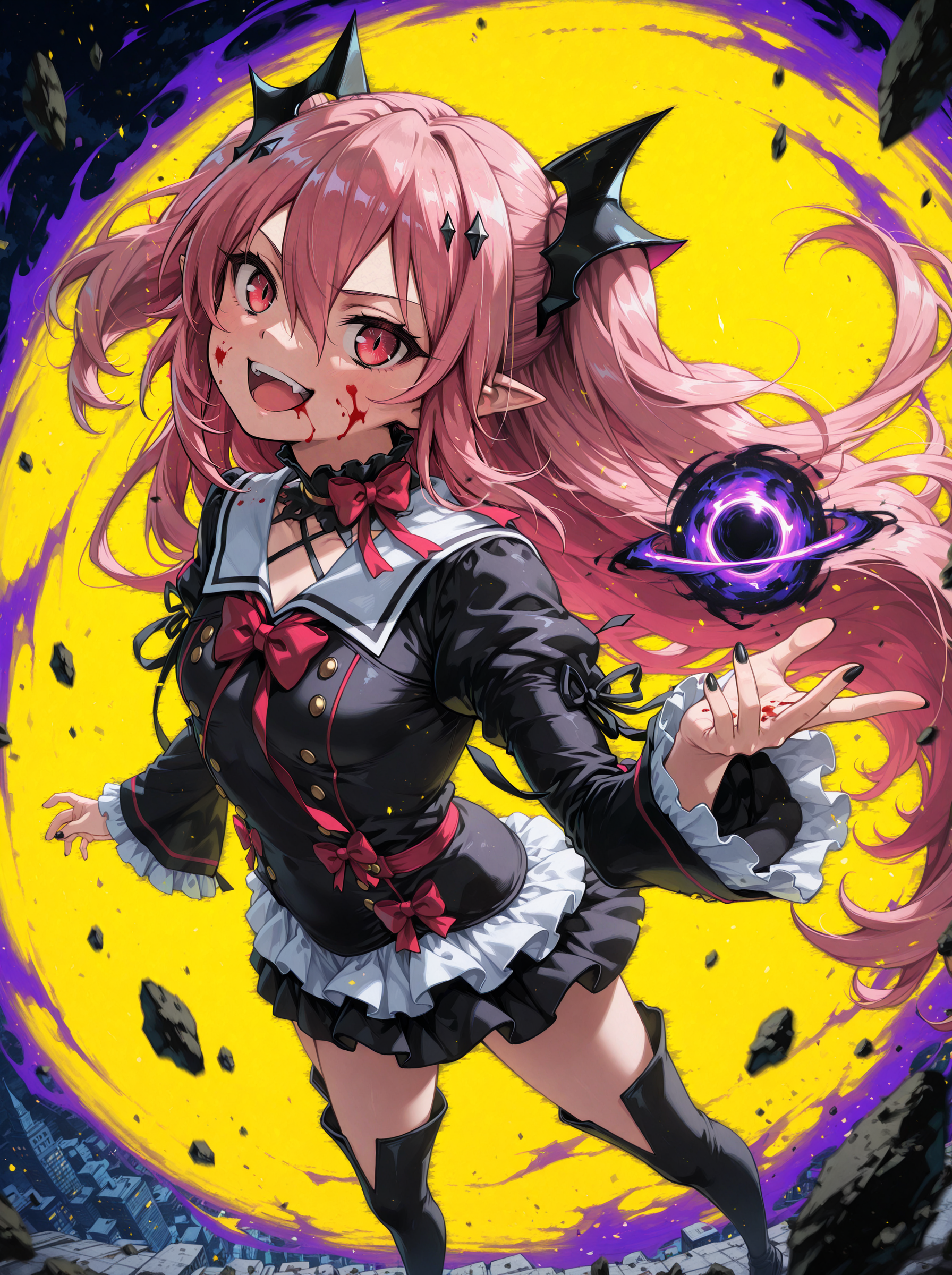 good quality,newest,huge filesize,
masterpiece, best quality,ultra quality ,amazing quality,very aesthetic,absurdres,  8k professional epic, ultra detailed, high resolution,
32k,
<lora:300_CleanAnime - [Enchanter] - illustriousXL v1:0.5>,<lora:Hyper-SDXL-4steps-lora:0.5>,
<lora:Earthbound_-_Axsens_Artist_Style_-_IllustriousXL:0.3>,
brek
perfect  two hands,
break
perfect two legs,
brek
perfect five  fingers,
masterpiece, high score, great score, absurdres
she child,
black nails, smile, long hair, looking at viewer, closed mouth, nail polish, dark, , evil smile, from side, head tilt, blood on face, open mouth,
full teeth ,
1girl,
kkrul, pink hair, red eyes,long hair, two side up, hair ornament, pointy ears, small breasts, frilled choker, red bow,  school uniform,
slit pupils,
krul_tepes(owari_no_seraph),
glowing eye trails,
red and purple color scheme, vibrant colors,neon yellow background, dynamic pose, aggressive expression, gothic fashion, dark fantasy, detailed illustration, high contrast, bold outlines, surreal, unsettling, pop art influence, urban street art style,abstract element, <lora:hwm4to7A3IFRHPR:0.8>,
official style, debris, energy ball, black hole,
from above, view from above, <lora:DragonballHype_IXL:0.4> ,<lora:Krul Tepes Illu :0.1>