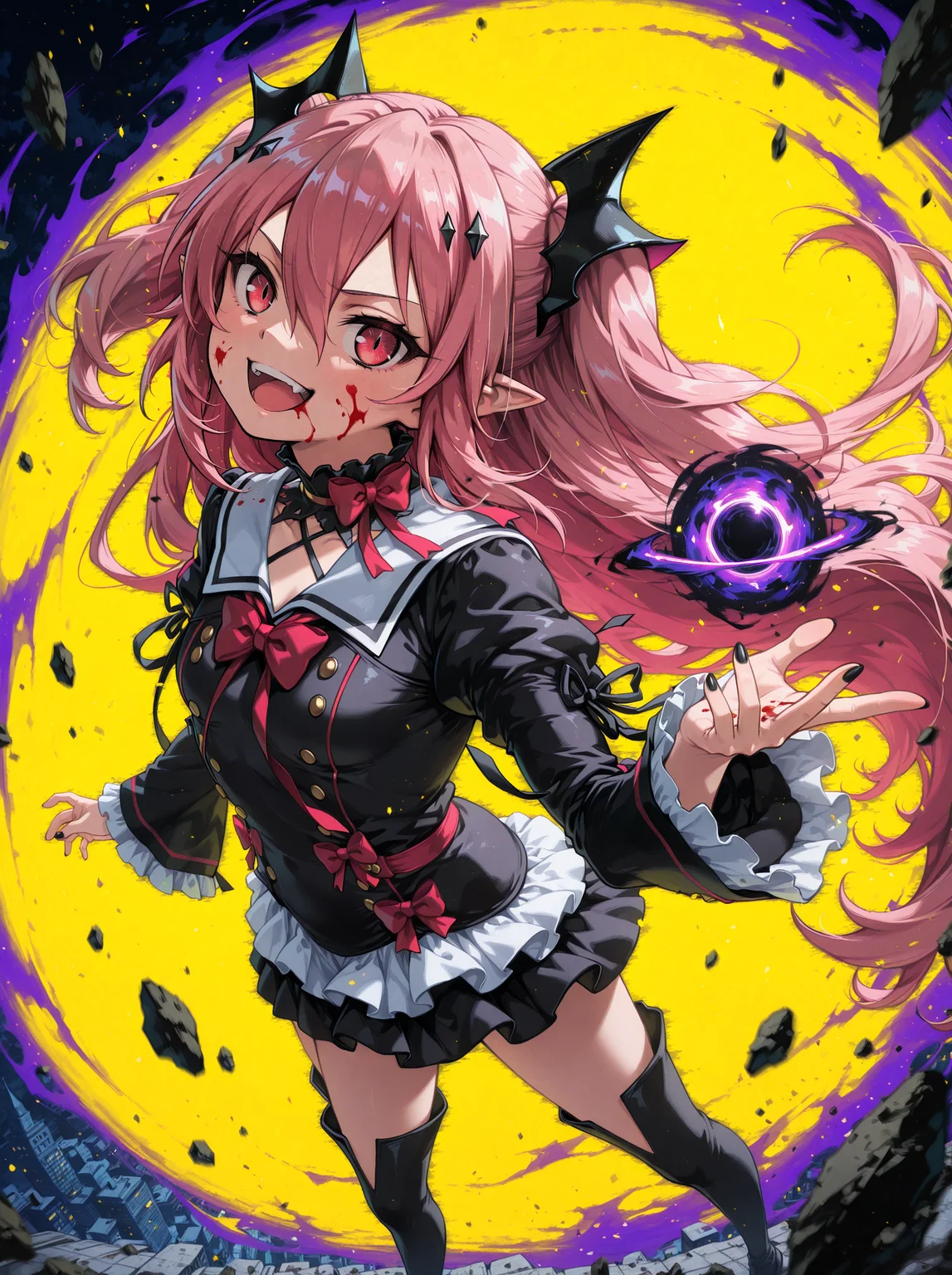 good quality,newest,huge filesize,
masterpiece, best quality,ultra quality ,amazing quality,very aesthetic,absurdres,  8k professional epic, ultra detailed, high resolution,
32k,
<lora:300_CleanAnime - [Enchanter] - illustriousXL v1:0.5>,<lora:Hyper-SDXL-4steps-lora:0.5>,
<lora:Earthbound_-_Axsens_Artist_Style_-_IllustriousXL:0.3>,
brek
perfect  two hands,
break
perfect two legs,
brek
perfect five  fingers,
masterpiece, high score, great score, absurdres
she child,
black nails, smile, long hair, looking at viewer, closed mouth, nail polish, dark, , evil smile, from side, head tilt, blood on face, open mouth,
full teeth ,
1girl,
kkrul, pink hair, red eyes,long hair, two side up, hair ornament, pointy ears, small breasts, frilled choker, red bow,  school uniform,
slit pupils,
krul_tepes(owari_no_seraph),
glowing eye trails,
red and purple color scheme, vibrant colors,neon yellow background, dynamic pose, aggressive expression, gothic fashion, dark fantasy, detailed illustration, high contrast, bold outlines, surreal, unsettling, pop art influence, urban street art style,abstract element, <lora:hwm4to7A3IFRHPR:0.8>,
official style, debris, energy ball, black hole,
from above, view from above, <lora:DragonballHype_IXL:0.4> ,<lora:Krul Tepes Illu :0.1>