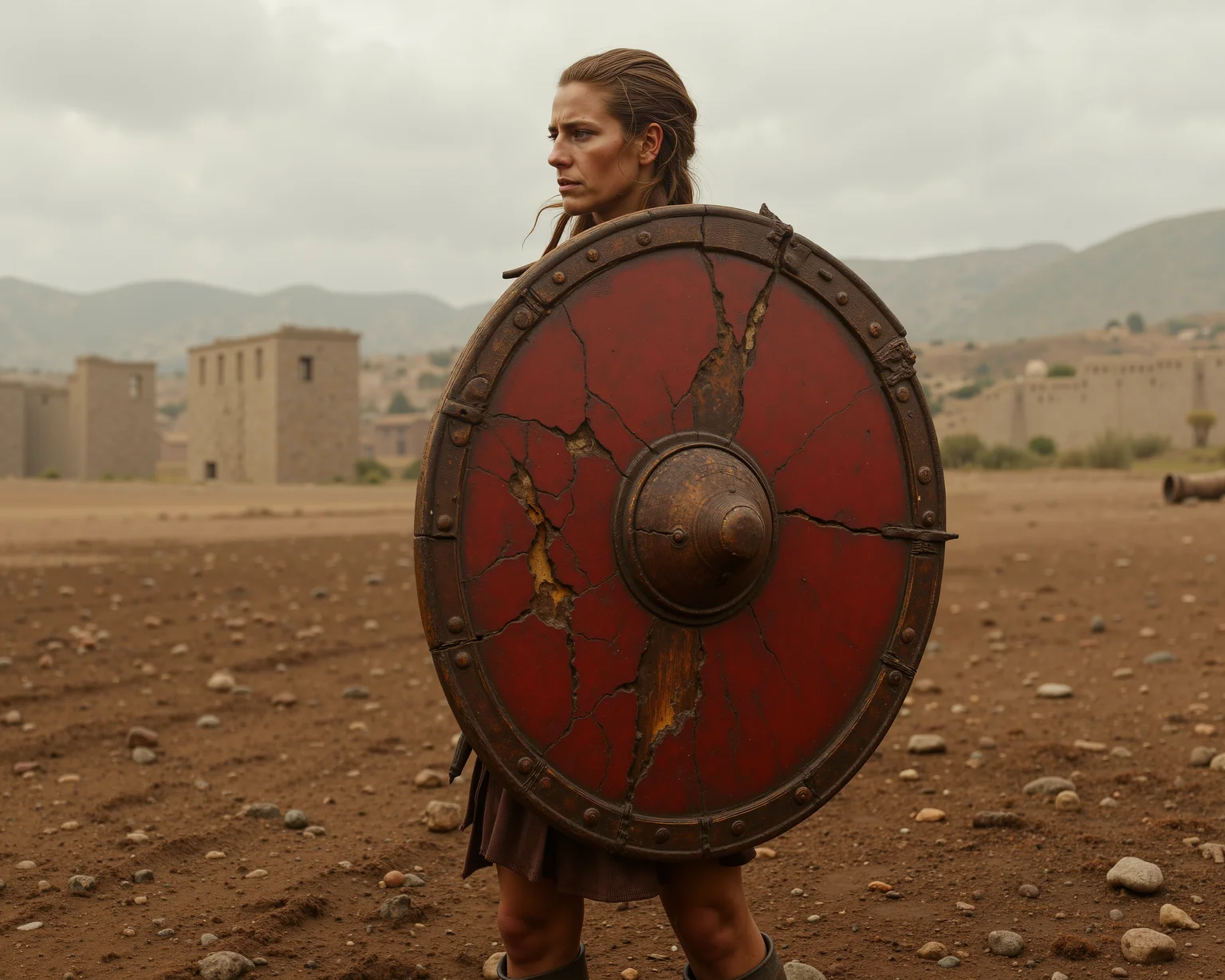 This image is a high-resolution, Photo of a female warrior standing on a battlefield wearing a Spartan shield. The shield's outer rim is a dark, weathered brown, with a visible texture that suggests age and wear, featuring cracks and chips, particularly around the edges and at the top, giving it a rustic, battle-worn appearance, the shield is partly broken. The surface of the shield is a deep, reddish-brown color, showing signs of rust and dirt, further emphasizing its antiquity.