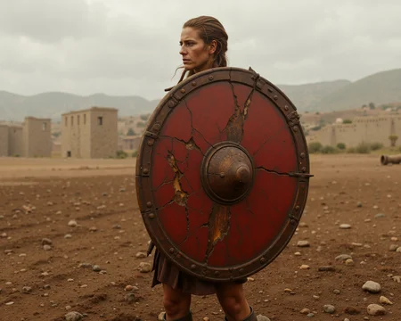 This image is a high-resolution, Photo of a female warrior standing on a battlefield wearing a Spartan shield. The shield's outer rim is a dark, weathered brown, with a visible texture that suggests age and wear, featuring cracks and chips, particularly around the edges and at the top, giving it a rustic, battle-worn appearance, the shield is partly broken. The surface of the shield is a deep, reddish-brown color, showing signs of rust and dirt, further emphasizing its antiquity.