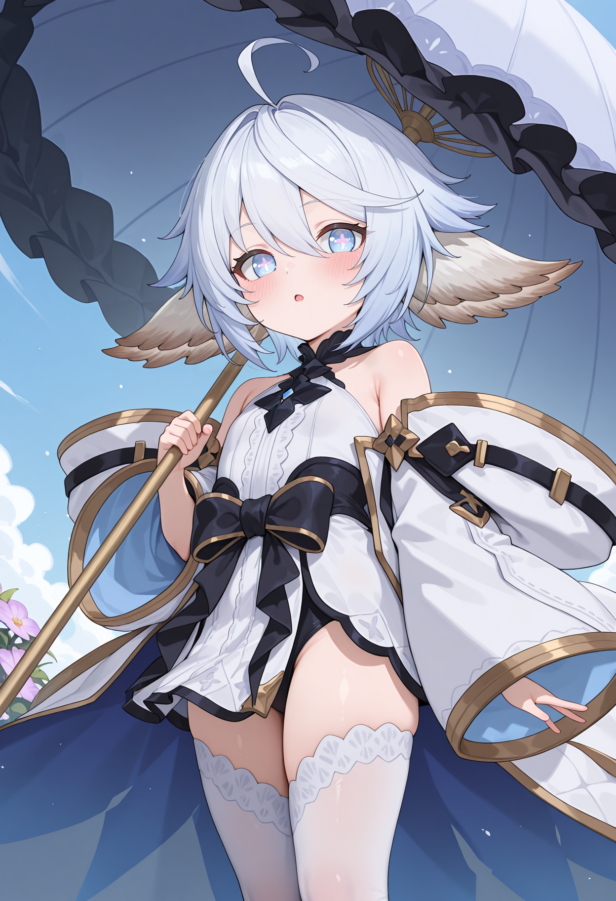 highres, best quality, masterpiece, blue sky,
1girl, solo, gbfwam, short hair, white hair, blue hair, animal ears, ahoge, blue eyes, + +, flower-shaped pupils,
gbwmdef, white dress, black collar, cross necklace, bare shoulders, sleeveless, waist bow, black bow, white cloak, gold trim, detached sleeves, wide sleeves, white thighhighs,
looking at viewer, blush,  open mouth, expressionless,
standing,
umbrella, holding umbrella,
<lora:_wamdus-elesico-ilxlA:1>