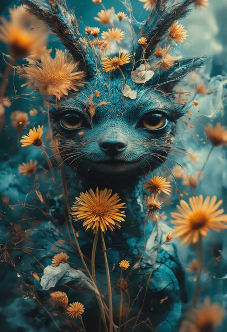 a dipiction of a cockatrice, blending form with reality. Glitching the surreal with blurred dreams in Dieselpunk Dandelion and Evening Sky Blue muted colors. Woven light fuses delicatly with whispering shimmers creating a eyecatching and masterpiece artwork. drifting fog, cracked light and smokey haze in floating threads finishes the dreamlike reality.