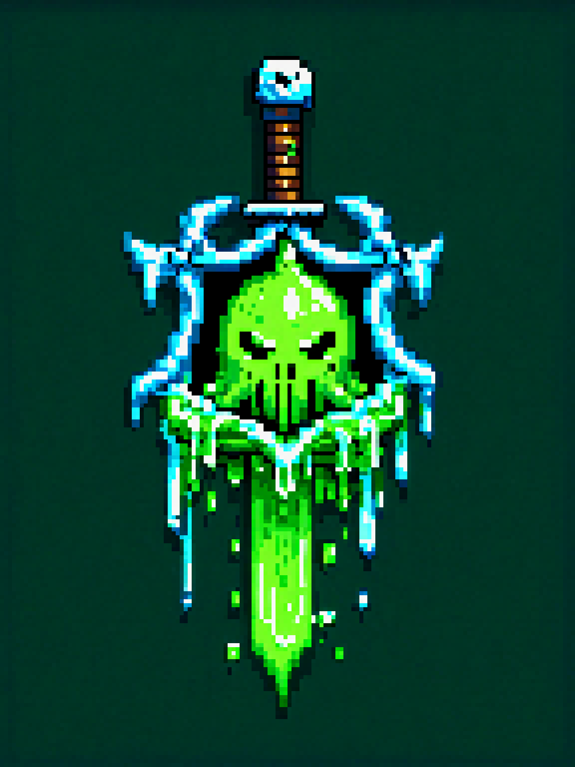pixel art, yamer_pixel_fusion, cartoon illustration, toxic slime green sword, toxic goo, dripping, green color, simple black background, game icon, cartoon illustration, icy shield, ice shards, simple black background, game icon, <lora:Pixel_Fusion_LORA:1>